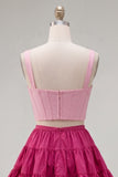 Pink Fuchsia A-Line Corset 2 Piece Thick Straps Short Homecoming Dress with Ruffles