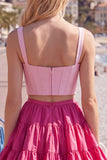Pink Fuchsia A-Line Corset 2 Piece Thick Straps Short Homecoming Dress with Ruffles