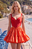 Pink Fuchsia A-Line Corset 2 Piece Thick Straps Short Homecoming Dress with Ruffles