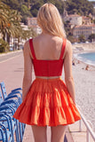Pink Fuchsia A-Line Corset 2 Piece Thick Straps Short Homecoming Dress with Ruffles