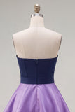 A-Line Navy Purple Satin Sweetheart Ruffled Homecoming Dress with Bow