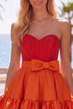 A-Line Navy Purple Satin Sweetheart Ruffled Homecoming Dress with Bow