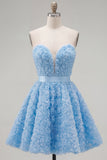 Sweetheart Pink A-Line 3D Floral Short Homecoming Dress with Lace Up Back