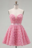 Sweetheart Pink A-Line 3D Floral Short Homecoming Dress with Lace Up Back