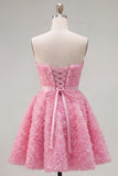 Sweetheart Pink A-Line 3D Floral Short Homecoming Dress with Lace Up Back