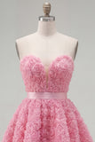 Sweetheart Pink A-Line 3D Floral Short Homecoming Dress with Lace Up Back