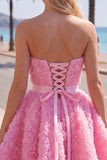 Sweetheart Pink A-Line 3D Floral Short Homecoming Dress with Lace Up Back