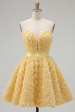 Sweetheart Pink A-Line 3D Floral Short Homecoming Dress with Lace Up Back