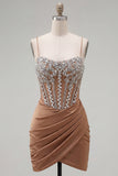 Khaki Bodycon Ruched Spaghetti Straps Lace Up Back Homecoming Dress with Beading