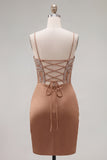 Khaki Bodycon Ruched Spaghetti Straps Lace Up Back Homecoming Dress with Beading