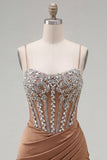Khaki Bodycon Ruched Spaghetti Straps Lace Up Back Homecoming Dress with Beading