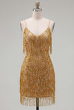 Golden Bodycon Spaghetti Straps Short Homecoming Dress with Fringes