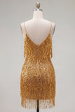 Golden Bodycon Spaghetti Straps Short Homecoming Dress with Fringes