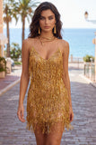 Golden Bodycon Spaghetti Straps Short Homecoming Dress with Fringes