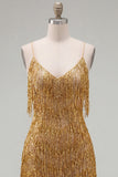 Golden Bodycon Spaghetti Straps Short Homecoming Dress with Fringes