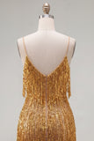 Golden Bodycon Spaghetti Straps Short Homecoming Dress with Fringes