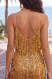 Golden Bodycon Spaghetti Straps Short Homecoming Dress with Fringes