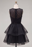 Yellow A-Line Round Neck Tiered Short Homecoming Dress with Pearls