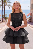 Yellow A-Line Round Neck Tiered Short Homecoming Dress with Pearls