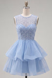 Yellow A-Line Round Neck Tiered Short Homecoming Dress with Pearls