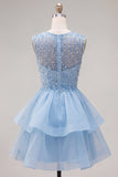 Yellow A-Line Round Neck Tiered Short Homecoming Dress with Pearls