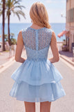 Yellow A-Line Round Neck Tiered Short Homecoming Dress with Pearls