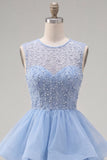 Yellow A-Line Round Neck Tiered Short Homecoming Dress with Pearls