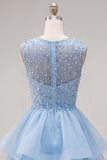 Yellow A-Line Round Neck Tiered Short Homecoming Dress with Pearls