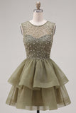 Yellow A-Line Round Neck Tiered Short Homecoming Dress with Pearls