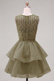 Yellow A-Line Round Neck Tiered Short Homecoming Dress with Pearls