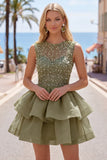 Yellow A-Line Round Neck Tiered Short Homecoming Dress with Pearls