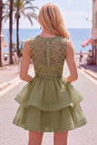 Yellow A-Line Round Neck Tiered Short Homecoming Dress with Pearls