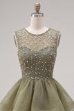 Yellow A-Line Round Neck Tiered Short Homecoming Dress with Pearls