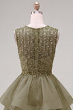Yellow A-Line Round Neck Tiered Short Homecoming Dress with Pearls