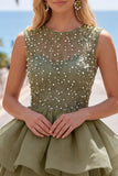 Yellow A-Line Round Neck Tiered Short Homecoming Dress with Pearls