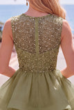 Yellow A-Line Round Neck Tiered Short Homecoming Dress with Pearls