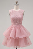 Yellow A-Line Round Neck Tiered Short Homecoming Dress with Pearls