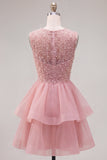 Yellow A-Line Round Neck Tiered Short Homecoming Dress with Pearls