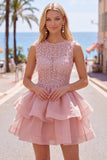 Yellow A-Line Round Neck Tiered Short Homecoming Dress with Pearls