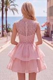 Yellow A-Line Round Neck Tiered Short Homecoming Dress with Pearls