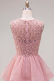 Yellow A-Line Round Neck Tiered Short Homecoming Dress with Pearls