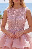 Yellow A-Line Round Neck Tiered Short Homecoming Dress with Pearls