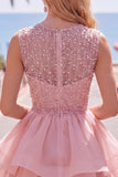Yellow A-Line Round Neck Tiered Short Homecoming Dress with Pearls