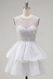 Yellow A-Line Round Neck Tiered Short Homecoming Dress with Pearls