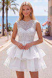 Yellow A-Line Round Neck Tiered Short Homecoming Dress with Pearls