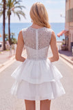 Yellow A-Line Round Neck Tiered Short Homecoming Dress with Pearls