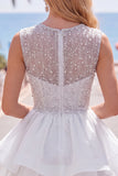 Yellow A-Line Round Neck Tiered Short Homecoming Dress with Pearls