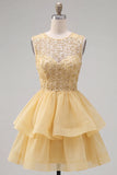 Yellow A-Line Round Neck Tiered Short Homecoming Dress with Pearls