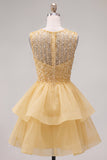 Yellow A-Line Round Neck Tiered Short Homecoming Dress with Pearls
