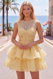 Yellow A-Line Round Neck Tiered Short Homecoming Dress with Pearls